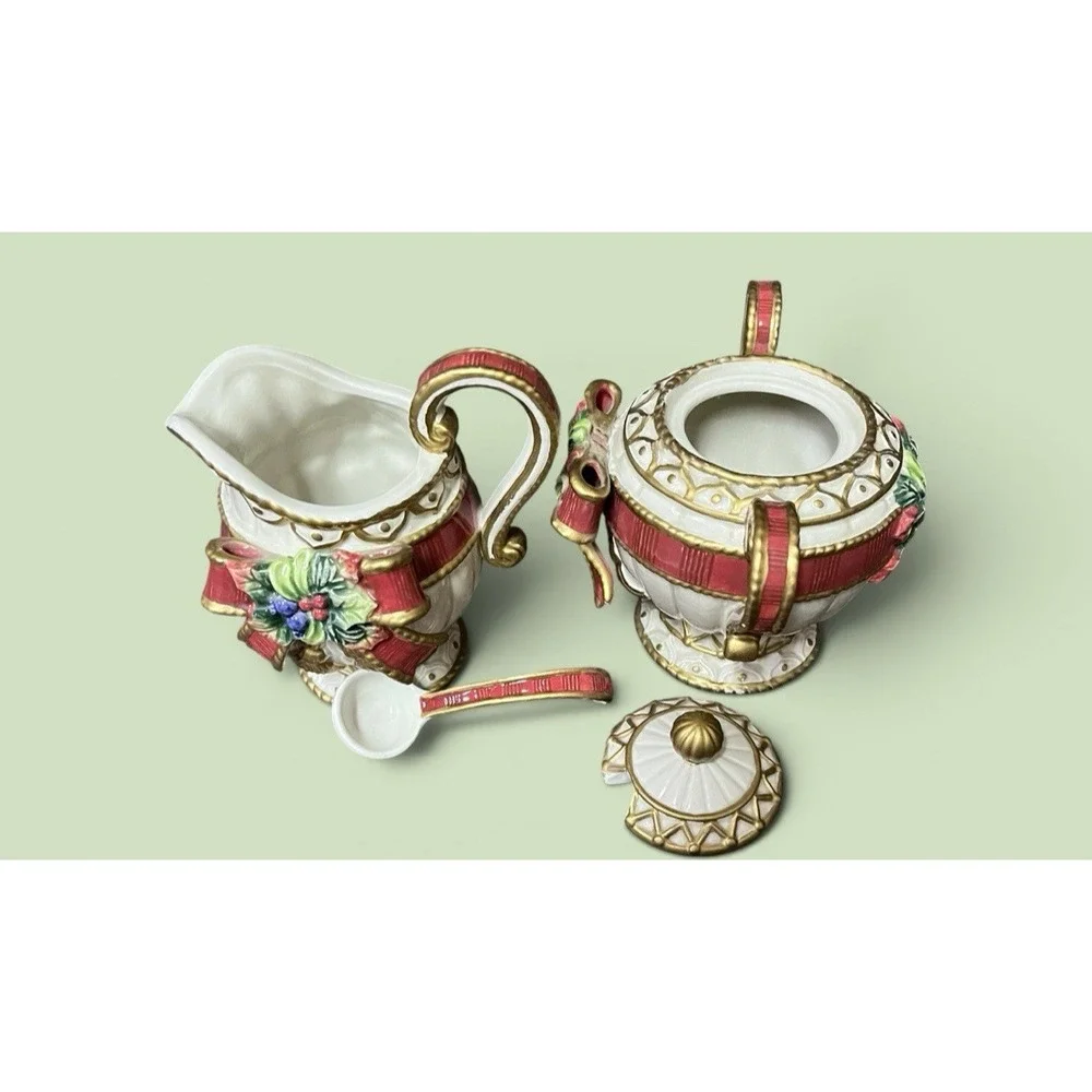 Fitz & Floyd Christmas Deer Creamer Sugar Bowl Spoon Red Bow Ribbon Tassel VTG